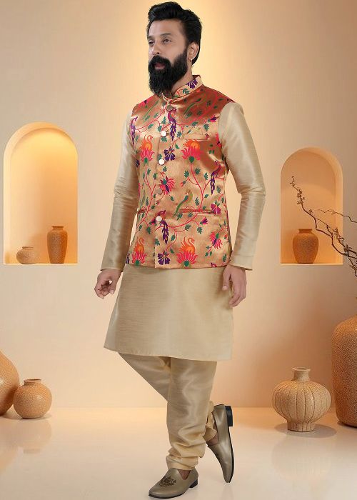 Golden Silk Kurta Pajama With Multicolor Woven Jacket