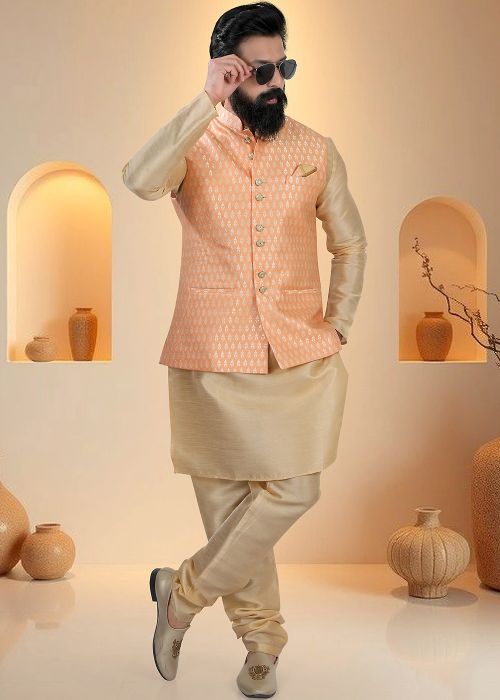 Golden Silk Kurta Pajama With Woven Nehru Jacket