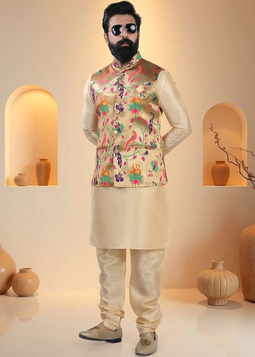 Golden Silk Kurta Pajama With Multicolor Woven Jacket