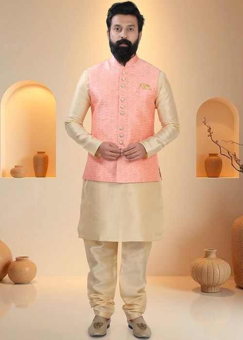 Golden Silk Kurta Pajama With Textured Jacket