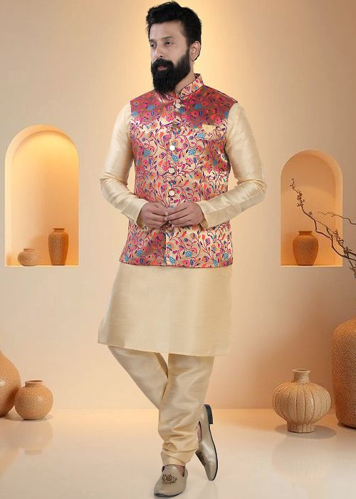 Golden Silk Kurta Pajama With Heavy Floral Woven Jacket