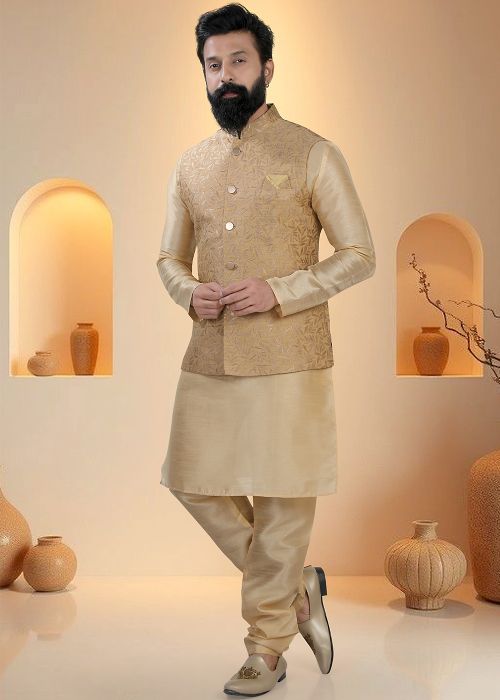 Golden Silk Kurta Pajama With Subtle Woven Jacket