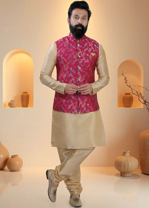 Golden Silk Kurta Pajama With Floral Woven Jacket