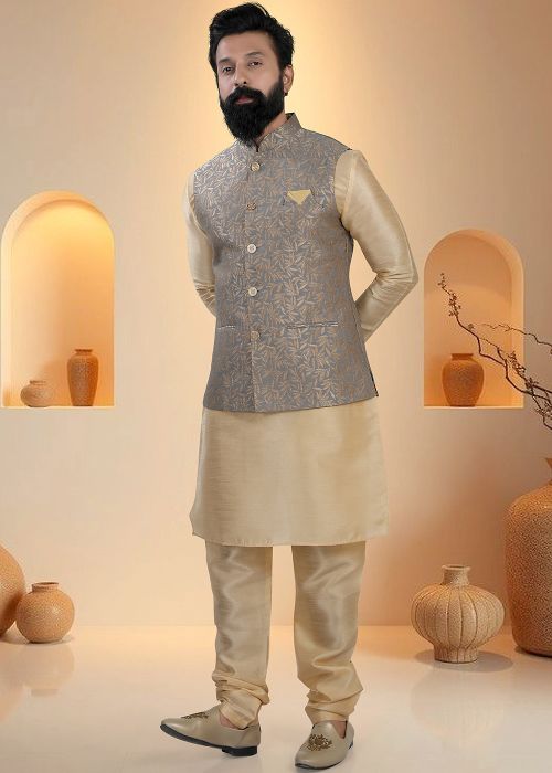 Golden Silk Kurta Pajama With Leaf Pattern Woven Jacket