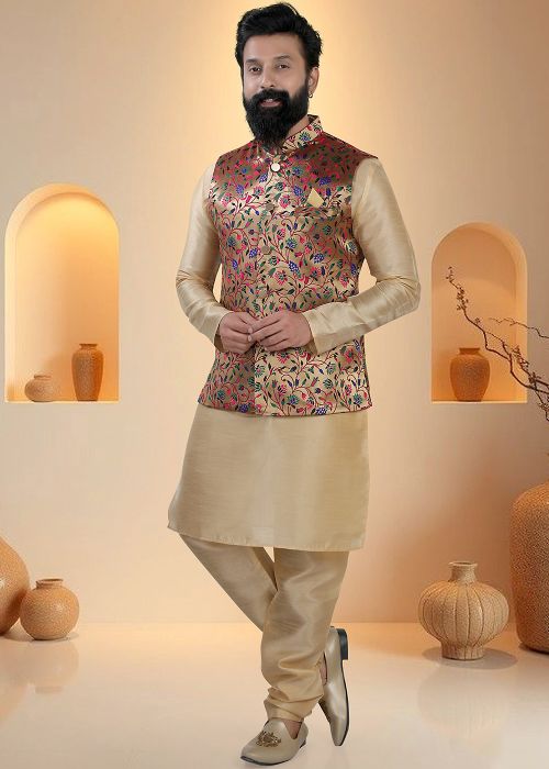 Golden Silk Kurta Pajama With Woven Jacket