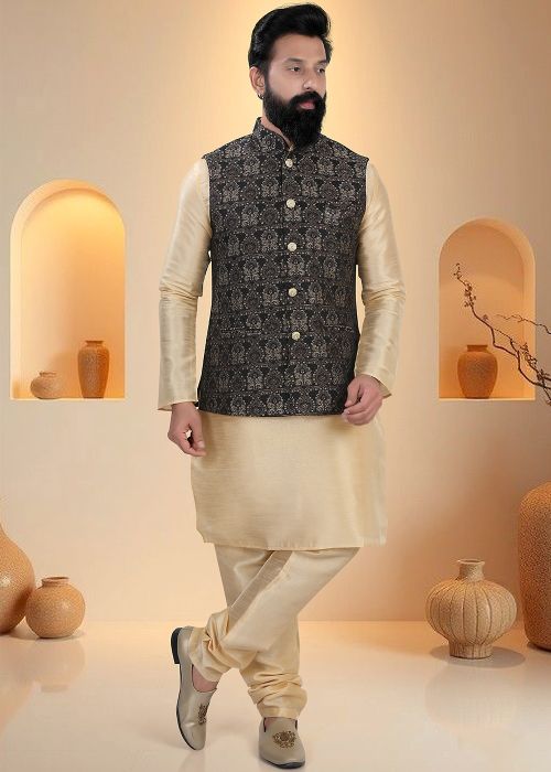 Golden Silk Kurta Pajama With Antique Woven Jacket