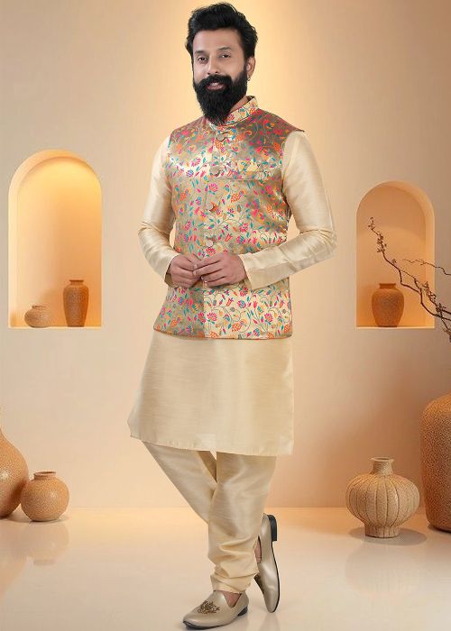 Golden Silk Kurta Pajama With Woven Nehru Jacket