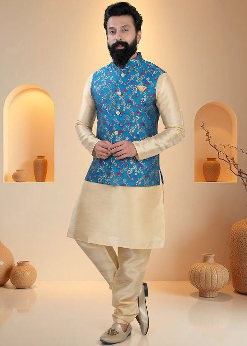 Golden Silk Kurta Pajama With Woven Jacket