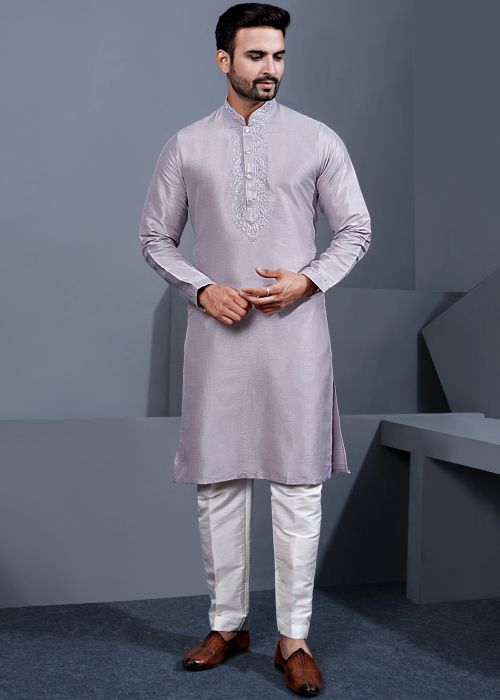 Lavender Art Silk Kurta Pajama With Placket Work