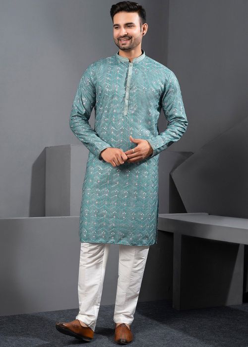 Green Printed Cotton Silk Kurta Pajama With Embroidery