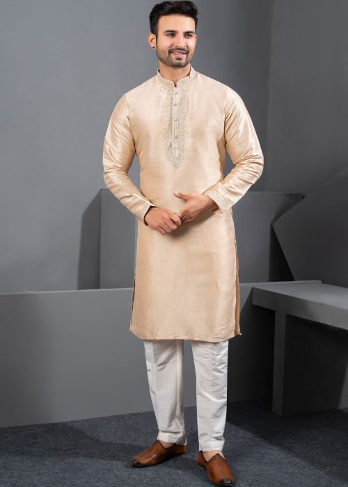 Beige Art Silk Kurta Pajama With Minimal Embroidery