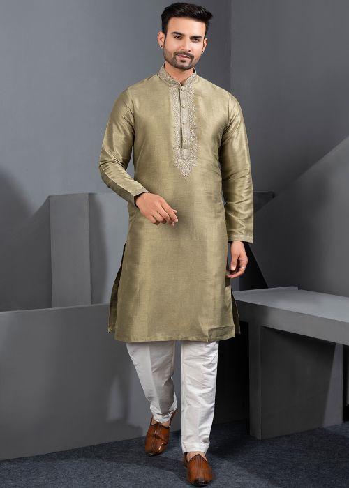 Green Art Silk Kurta Pajama With Embroidered Placket