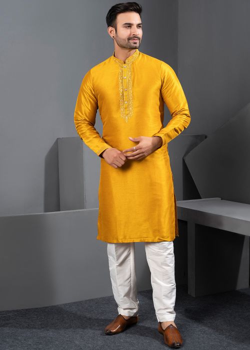 Yellow Art Silk Kurta Pajama With Embroidered Placket