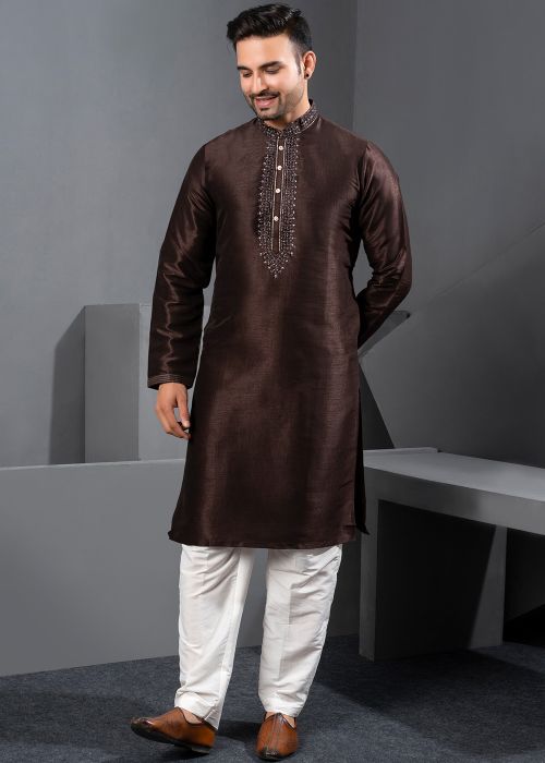 Brown Art Silk Kurta Pajama With Embroidered Placket