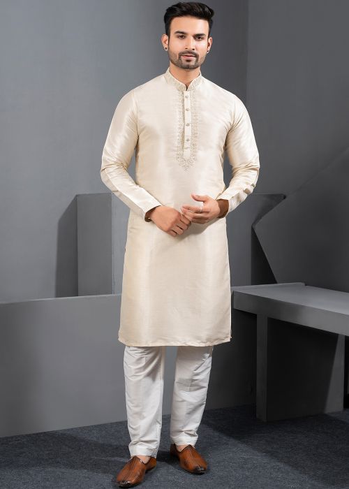 Cream Art Silk Kurta Pajama With Fine Neck Detailing