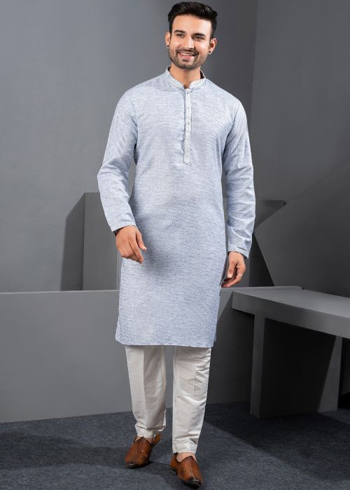 Light Blue Textured Cotton Silk Kurta Pajama Set