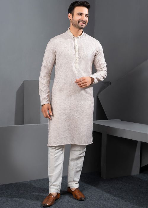 Beige Cotton Silk Kurta Pajama With Self Pattern