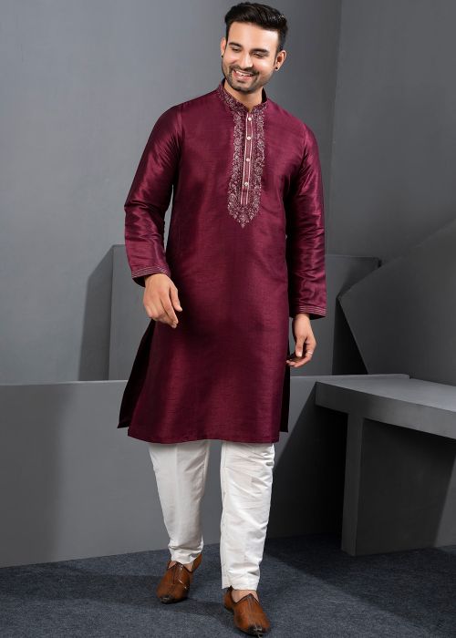 Wine Art Silk Kurta Pajama With Embroidered Placket