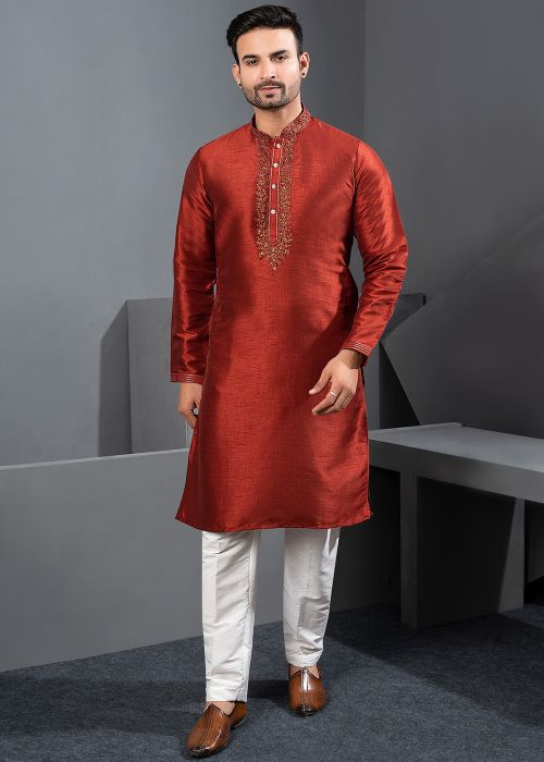 Maroon Art Silk Kurta Pajama With Placket Embroidery