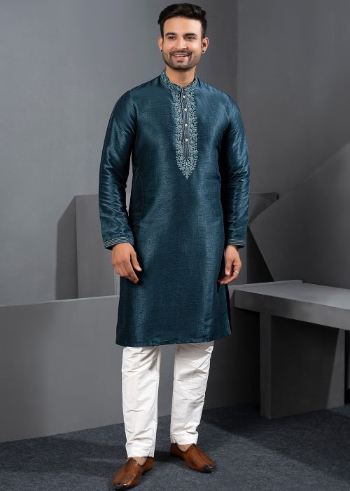 Teal Blue Art Silk Kurta Pajama With Embroidered Detailing