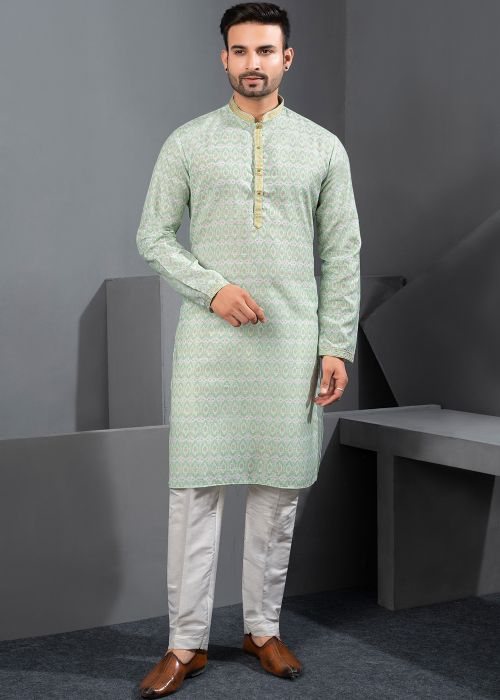 Mint Green Cotton Silk Kurta Pajama With Print