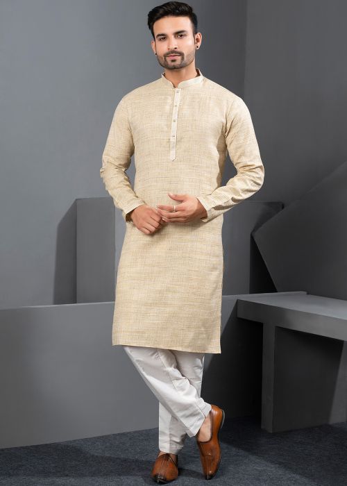 Beige Cotton Kurta Pajama With Textured Finish