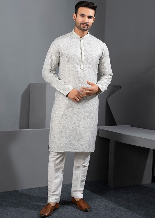 Grey Cotton Silk Kurta Pajama With Subtle Print