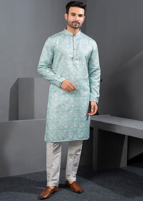 Aqua Blue Cotton Silk Kurta Pajama With Floral Print