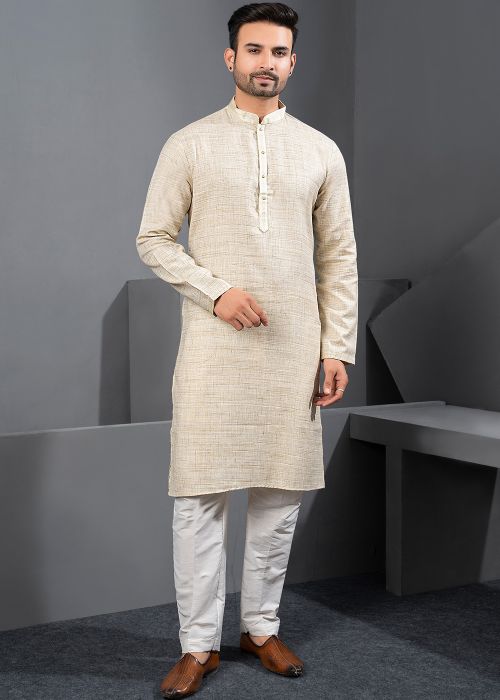Cream Cotton Kurta Pajama With Woven Texture