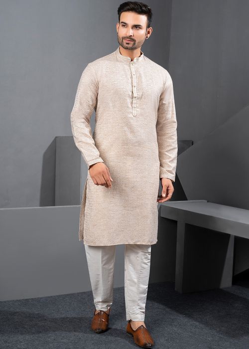 Light Beige Cotton Kurta Pajama With Fine Print