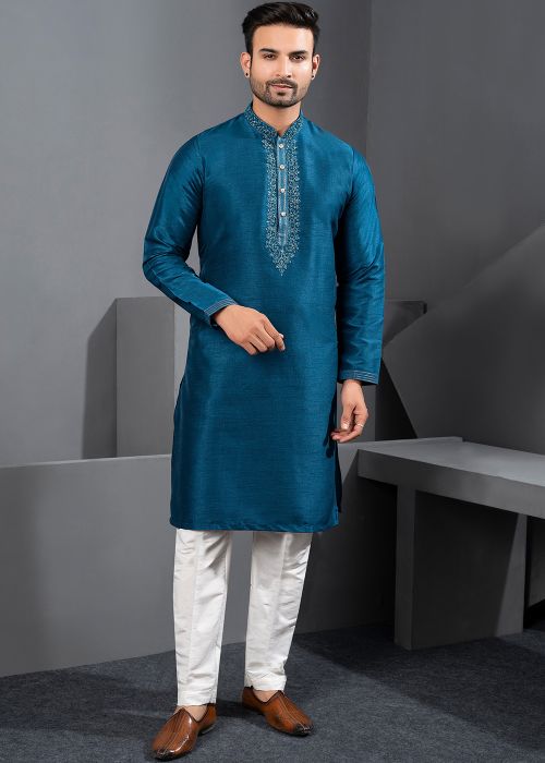 Blue Art Silk Kurta Pajama With Embroidered Neck