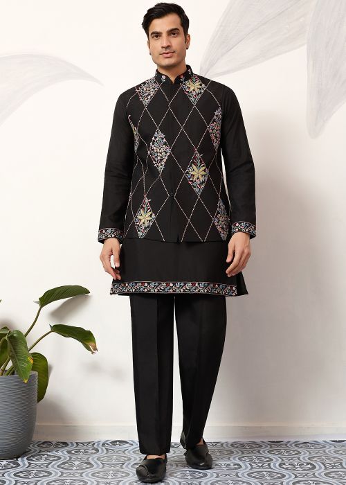 Black Viscose Kurta Pant With Embroidered Jacket