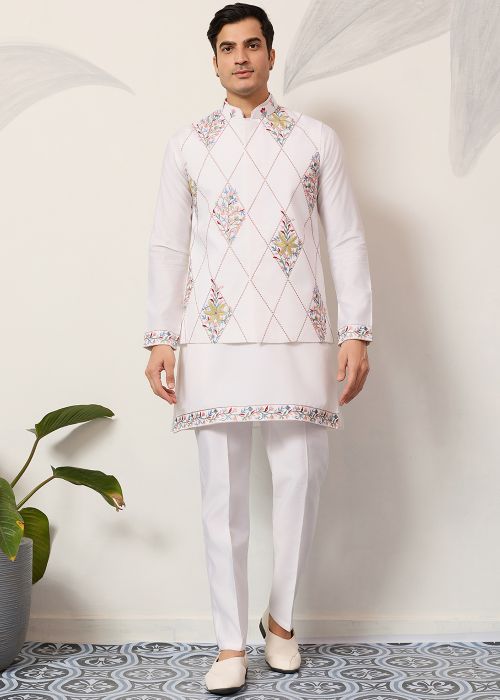 Off White Viscose Kurta Pant With Nehru Jacket