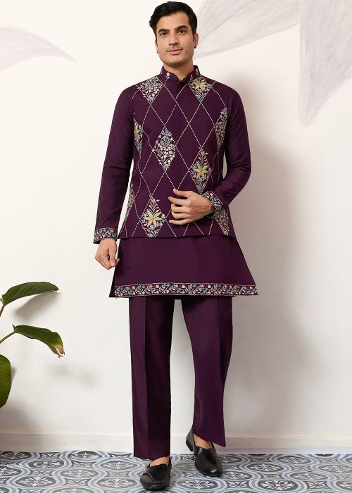 Purple Viscose Kurta Pant With Thread Embroidery