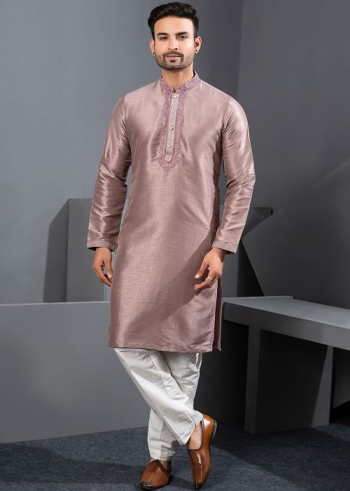 Mauve Purple Kurta Pajama With Embroidered Placket