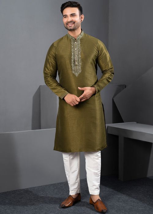Green Art Silk Kurta Pajama With Embroidery