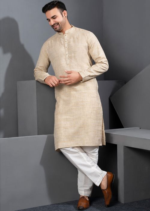 Beige Cotton Kurta Pajama With Textured Finish
