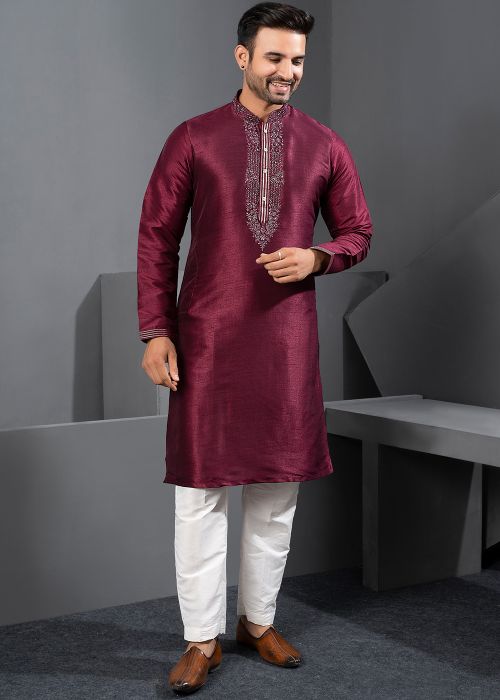 Wine Art Silk Kurta Pajama With Neck Embroidery