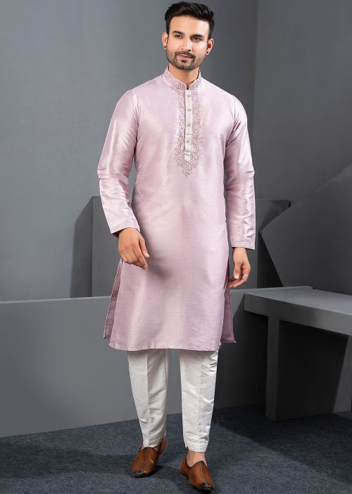 Lavender Art Silk Kurta Pajama With Embroidery