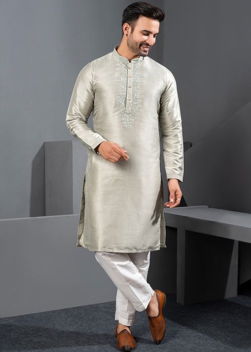 Silver Art Silk Kurta Pajama With Placket Embroidery