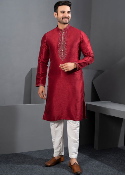 Red Art Silk Kurta Pajama With Neck Embroidery