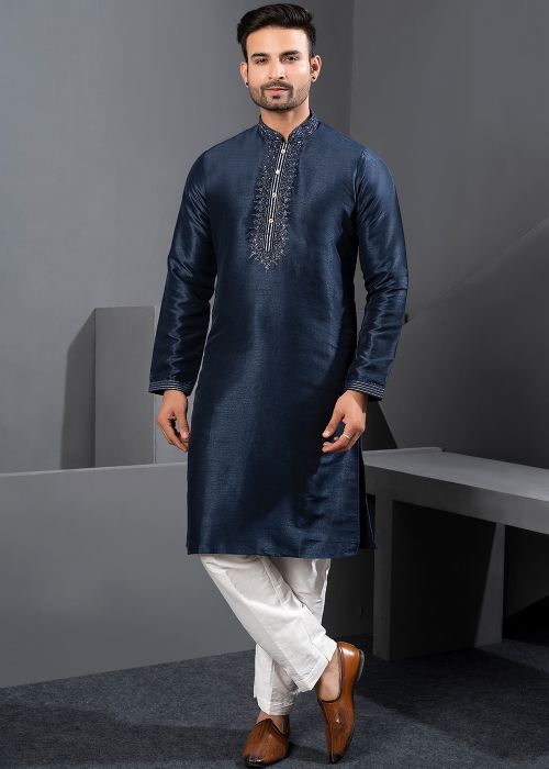 Navy Blue Art Silk Kurta Pajama With Embroidered Placket