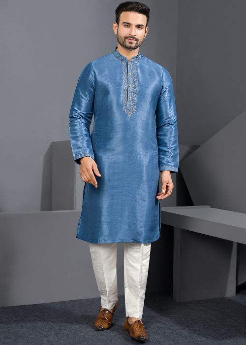 Blue Art Silk Kurta Pajama With Neck Embroidery