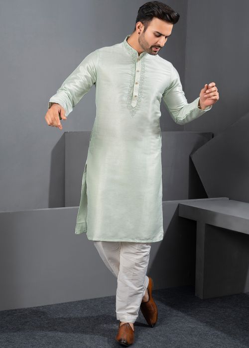 Mint Green Art Silk Kurta Pajama With Embroidered Placket