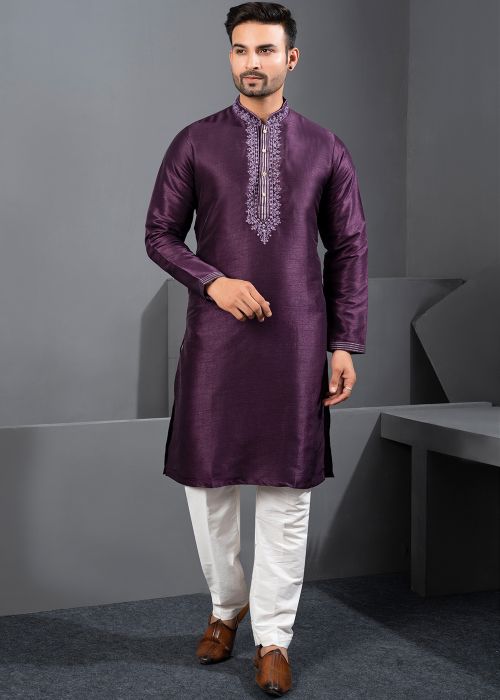 Purple Art Silk Kurta Pajama With Detailed Embroidery