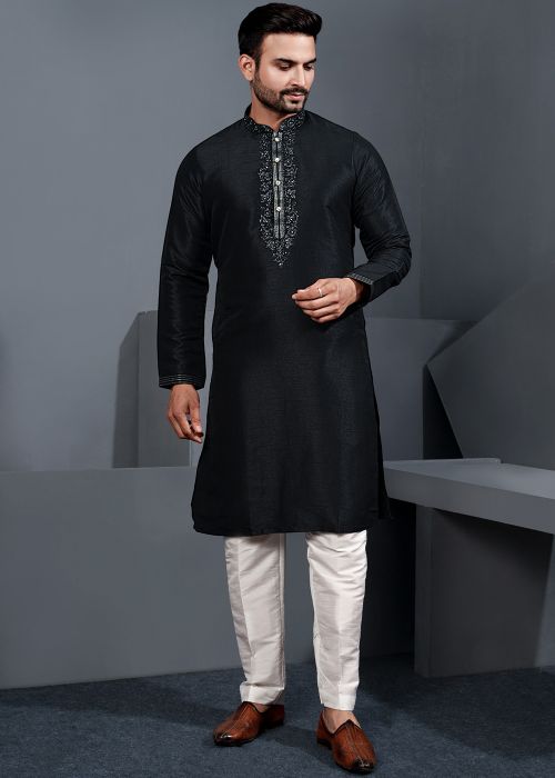Black Art Silk Kurta Pajama With Subtle Embroidery