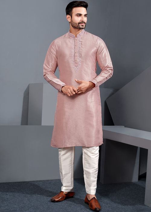 Pink Art Silk Kurta Pajama With Embroidered Yoke