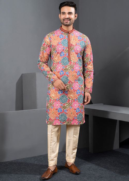 Multicolor Floral Printed Cotton Silk Kurta Pajama