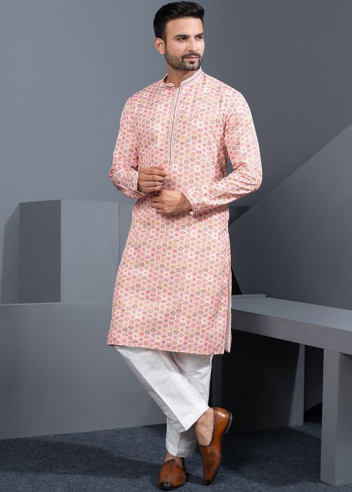 Peach Geometric Print Cotton Silk Kurta Pajama