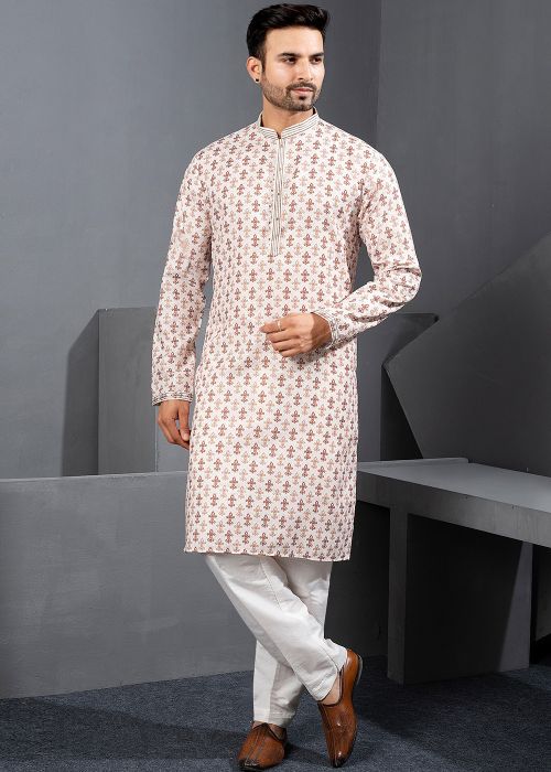 Cream Printed Cotton Silk Kurta Pajama